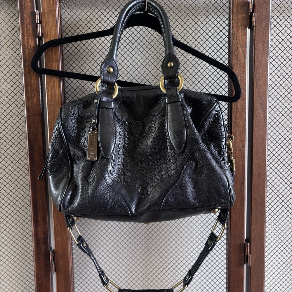 LOCKHEART Black Shoulder Bag with Textured Leather & Brushed Gold Hardware